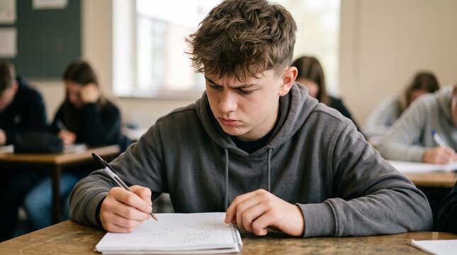 Focused teenage boy writing notes in notebook during exam in classroom concentrated high school student education concept learning portrait commercial use