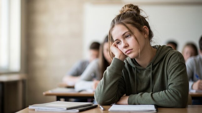 Bored tired teenage student girl sitting at desk in classroom during lecture, exhausted thoughtful high school female pupil looking away, education problems and lack of motivation concept
