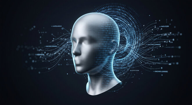 "3D concept of a digital humanoid head silhouette merging with binary code and flowing data streams, matte silver finish, soft rim lighting, minimalist aesthetic, representing machine learning, 