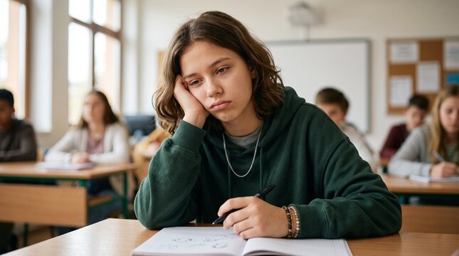 Bored tired teenage girl student sitting at classroom desk leaning on hand feeling unmotivated during school lesson