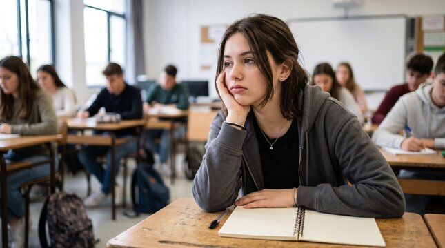 Bored teenage schoolgirl daydreaming in high school classroom during lesson unmotivated student tired of studying fatigue mental health commercial concept