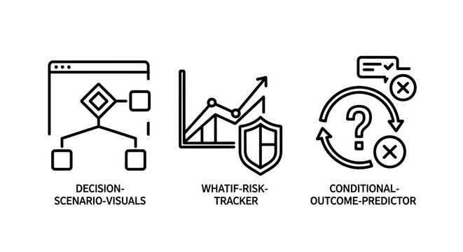 Strategic decision making and risk assessment icons with decision strategy planning management analysis assessment business predictive tracking flowchart question minimalist financial