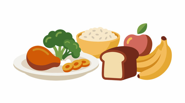 A balanced meal with chicken broccoli rice bread fruit and rings