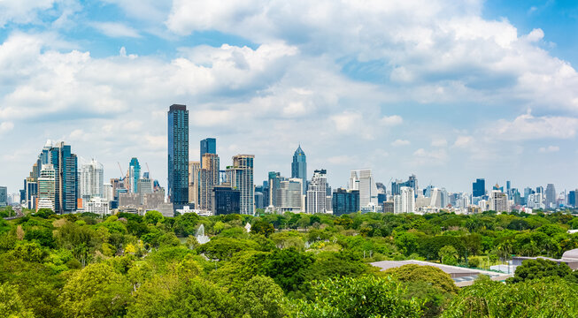 View of Bangkok Central Business District cityscape at a sunny afternoon; in Si Lom, Bang Rak area.