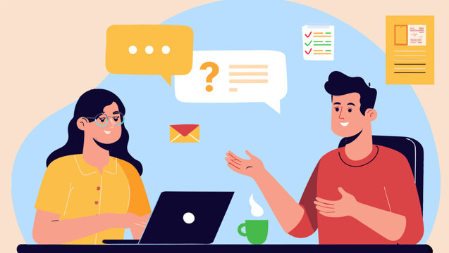 Professional colleagues engaging in a friendly workplace discussion while collaborating on a project using a laptop with speech bubbles and digital icons in vibrant flat style