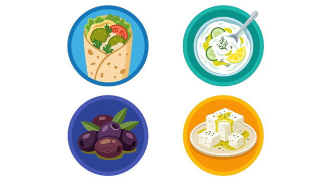 Mediterranean greek food summer icon set with wrap and olives