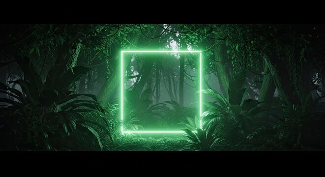 Glowing green neon frame among tropical leaves.