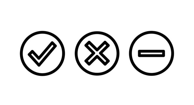 Set of circular UI control icons including check mark cross and minus symbols for application selection with interface selection negative affirmative application navigation validation decision