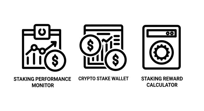 Set of cryptocurrency staking icons featuring performance monitor wallet and reward calculator graphics cryptocurrency blockchain investment calculator performance earnings analysis interface