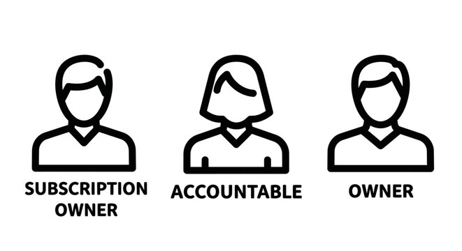 Subscription management roles set including subscription owner accountable and owner icons with subscription accountable management business hierarchy responsibility corporate administration