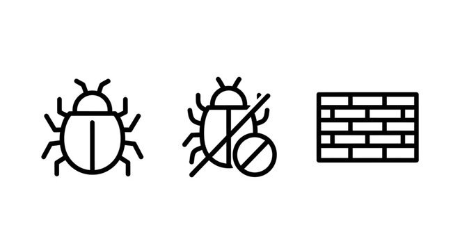 Software bug identification and firewall protection security concept icons with firewall security protection software computer identification internet programming development prohibited