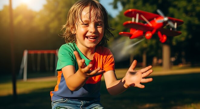 Joyful Child Playing with Water Hose Outdoors.