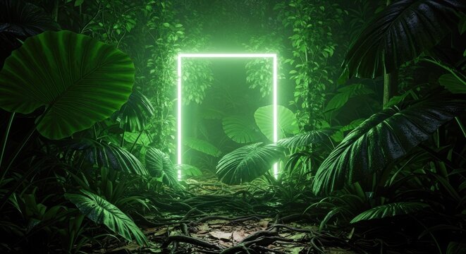 Green neon square frame in dark tropical jungle setting.