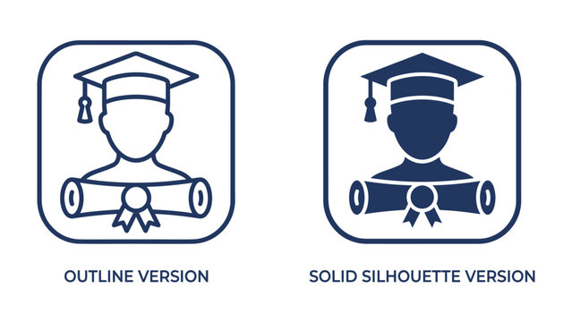 Graduation Icons: A pair of stylized icons representing graduation, one as an outline and the other as a solid silhouette, both featuring a cap and diploma.