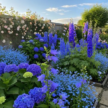 Vibrant Blue and Purple Flower Garden Scene.