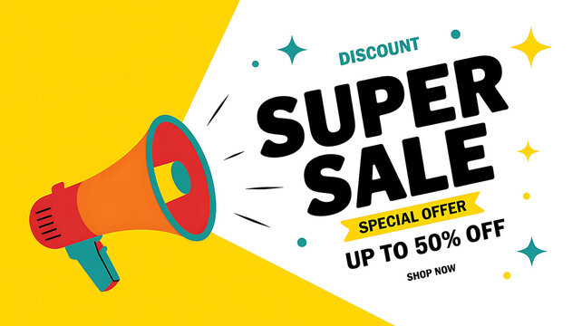 Megaphone Announcing Super Sale Special Offer Up to 50 Percent Off Discount stock