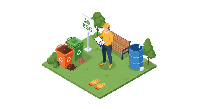 Man in hard hat inspecting recycling bins and park bench.