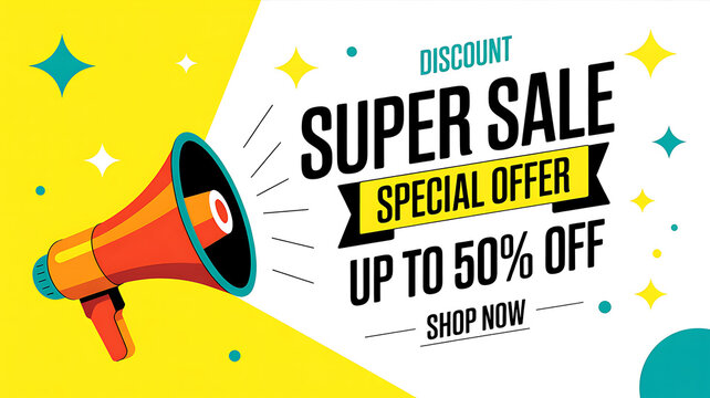 Megaphone Announcing Super Sale Special Offer Up to 50 Percent Off Discount with Teal Stars