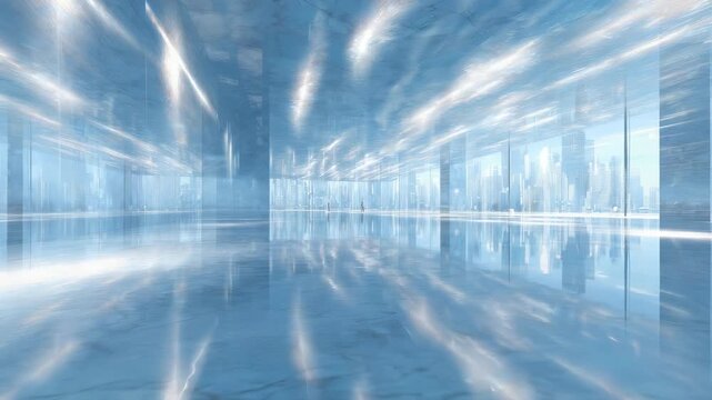 Spacious interior with transparent walls and polished floors evokes a sense of advanced technology and digital transformation. The luminous environment highlights clean lines and contemporary design