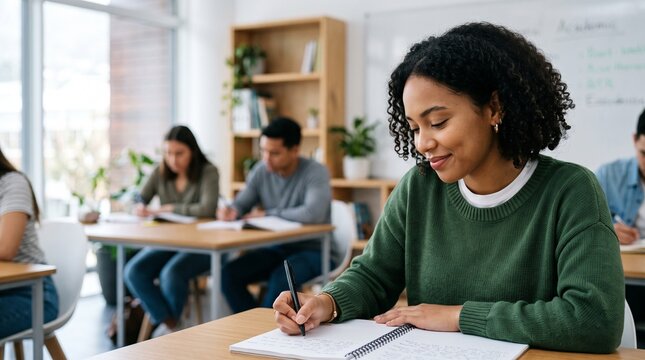 Smiling young African American college student girl writing notes in notebook studying at desk in bright classroom