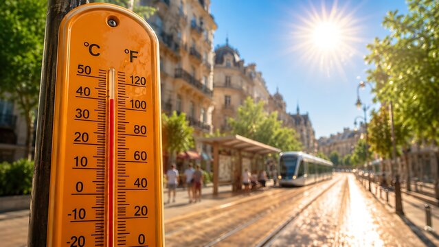 Hotwafe concet : A vibrant orange thermometer showing dangerously high temperatures during a scorching summer heatwave in a sunny European city.