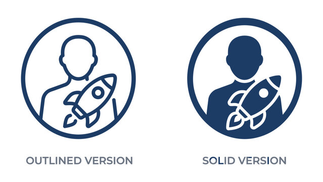 Rocketship Icon Variations: Two distinct icon styles, an outlined and a solid version, both featuring a silhouette of a person holding a rocket ship, representing concepts of launch, innovation.