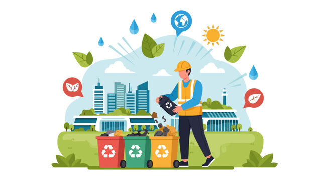 Worker sorting waste for recycling in eco friendly city environment.