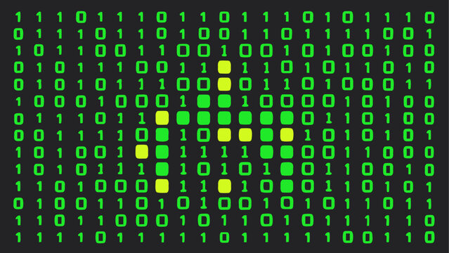 Green and yellow binary code matrix, digital background, computer code, data visualization