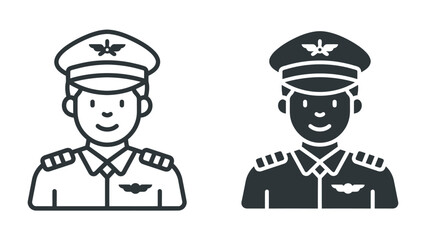 Pilot Icon Set: A professional pilot is depicted in two distinct icon styles, showcasing a symbol of aviation and travel. © Md