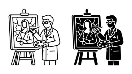 Artist at Easel: A stylized depiction of an artist diligently painting on an easel, holding a palette and brush, showcasing the creative process in both outline and silhouette.