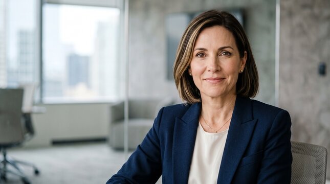 Portrait of beautiful middle aged corporate businesswoman smiling in bright high rise office meeting room. Confident female executive leadership, professional attorney career concept.