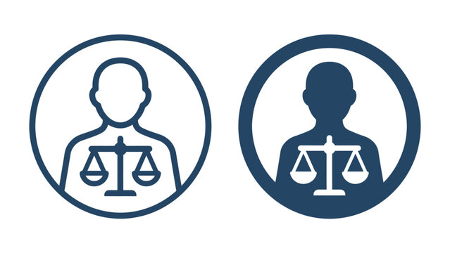 Justice and Equality Icons: Two stylized icons representing justice and equality, featuring a human silhouette with a balanced scale of justice.