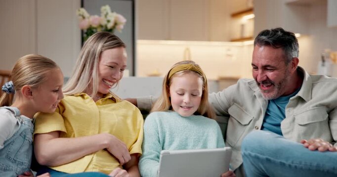 Parents, children and high five in home with tablet, learning game and motivation for development. Happy people, mother and father on sofa with girl kids, tech and celebration for educational gaming.