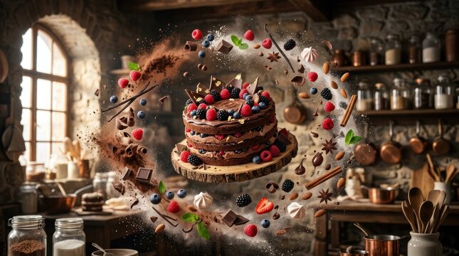 Decadent Chocolate Berry Cake Explosion in Rustic Kitchen.