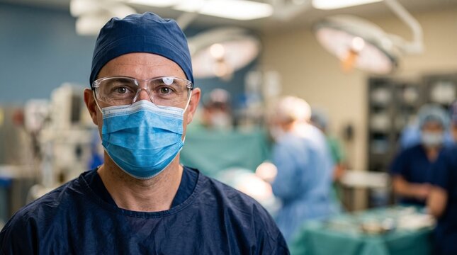 Male surgeon or medical doctor looking at camera wearing protective glasses mask and cap in sterile hospital operating theatre commercial concept photo image industry professional