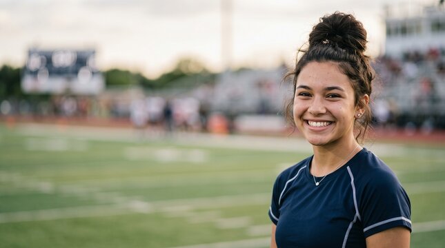 Smiling teenage girl athlete standing on high school football field track stadium background. Happy hispanic female soccer player or runner looking at camera smiling confident after training.