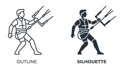 Kitesurfer in Action: A dynamic outline and silhouette illustration of a kitesurfer holding a kite control bar, ready to ride the waves and experience the thrill of extreme sport © Md