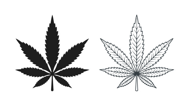 Cannabis leaf vector icons, black silhouette and line art marijuana foliage, medicinal hemp plant symbols for dispensary branding and herbal product packaging