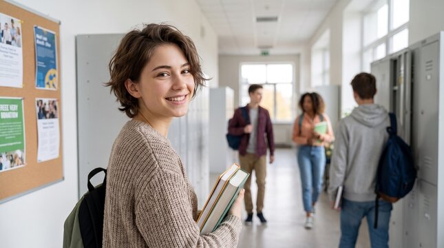 Smiling young female student with short brown hair holding books in high school corridor with classmates. Happy millennial woman in sweater studying at college or university campus.