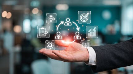 Fototapeta premium Corporate businessman hand showcasing digital automated workflow process strategy loop diagram for human resources project planning and business optimization management goals icon trend