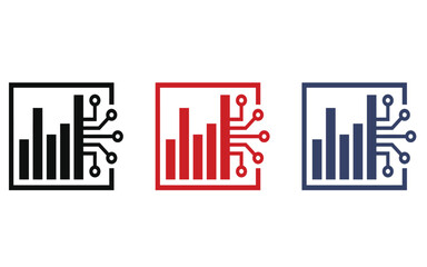 Obraz premium Bar chart and circuit board icons for data analysis and technology, colorful vector graphics