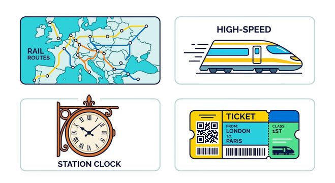 Summer icon collection with high speed train map and station clock