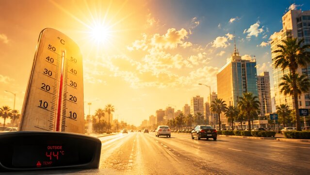 Scorching summer day in the city with a car's thermometer indicating dangerously high temperatures under a blazing sun.
