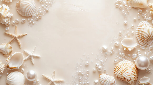 Elegant collection of seashells pearls and starfish on beige background
