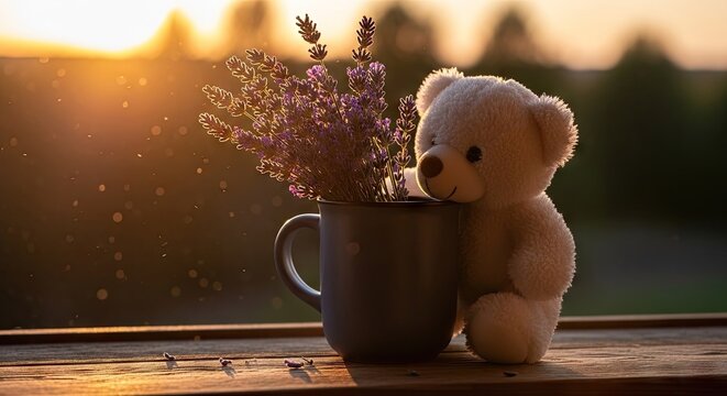 Teddy bear leaning on mug with lavender at sunset.