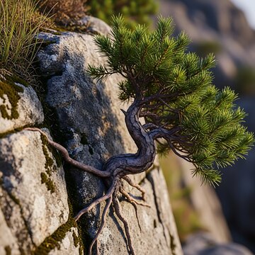 Resilient Pine Tree Growing on Rocky Cliff Edge.