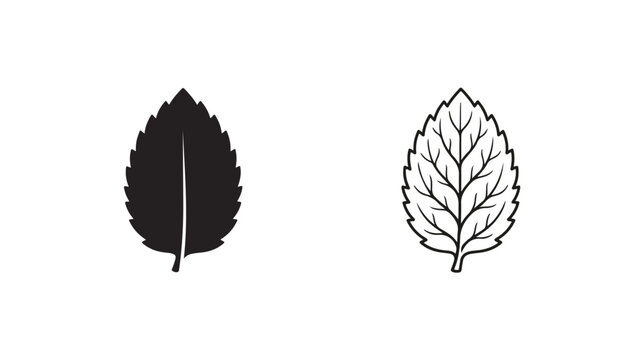 Minimalist mint leaf vector icons, black silhouette and line art peppermint foliage, botanical herb leaf illustrations for organic tea packaging
