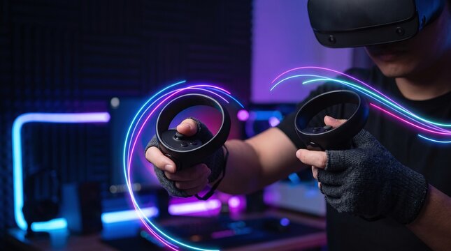 Gamer Hands VR Controllers Headset Neon Trails Gaming Virtual Reality
