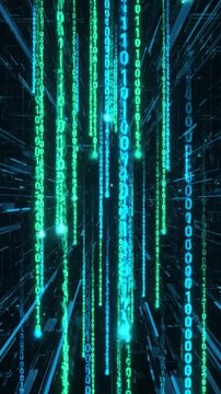 Falling binary code rain with glowing particles on dark digital technology background