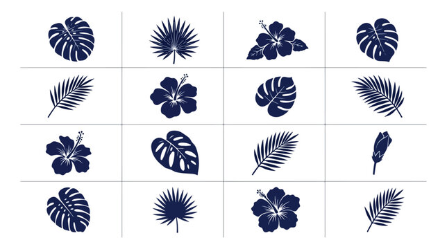 Tropical leaf and hibiscus flower silhouettes, set of 16 navy blue botanical icons, exotic palm fronds and monstera foliage vector elements for summer branding